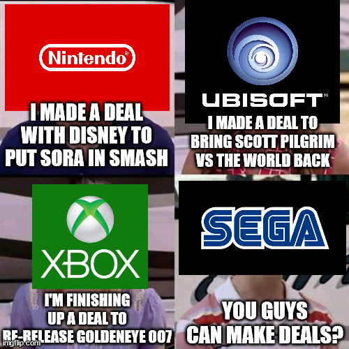 Michael Jackson music be like... | I MADE A DEAL WITH DISNEY TO PUT SORA IN SMASH; I MADE A DEAL TO BRING SCOTT PILGRIM VS THE WORLD BACK; I'M FINISHING UP A DEAL TO RE-RELEASE GOLDENEYE 007; YOU GUYS CAN MAKE DEALS? | image tagged in sega,memes,you guys are getting paid,video games,sonic origins,michael jackson | made w/ Imgflip meme maker