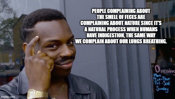 Roll Safe Think About It Meme | PEOPLE COMPLAINING ABOUT THE SMELL OF FECES ARE COMPLAINING ABOUT NATURE SINCE IT'S A NATURAL PROCESS WHEN HUMANS HAVE INDIGESTION, THE SAME WAY WE COMPLAIN ABOUT OUR LUNGS BREATHING. | image tagged in memes,roll safe think about it | made w/ Imgflip meme maker