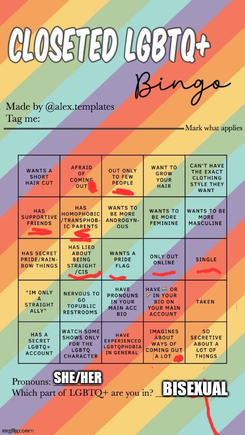 Bingo | SHE/HER; BISEXUAL | image tagged in closeted lgbtq bingo | made w/ Imgflip meme maker