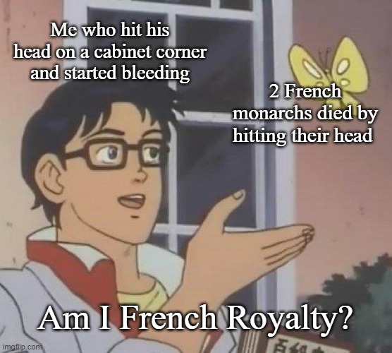 Am I French Royalty? | Me who hit his head on a cabinet corner and started bleeding; 2 French monarchs died by hitting their head; Am I French Royalty? | image tagged in memes,is this a pigeon,france | made w/ Imgflip meme maker