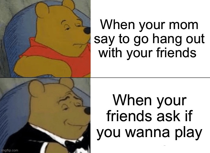 … | When your mom say to go hang out with your friends; When your friends ask if you wanna play | image tagged in memes,tuxedo winnie the pooh | made w/ Imgflip meme maker