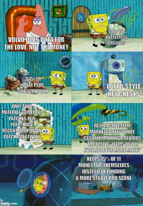 Spongebob diapers meme | $400 FOR BATTLEPASS ARCANAS; VOLVO DOES DOTA FOR THE LOVE, NOT THE MONEY; $45/YR DOTA PLUS SUBSCRIPTION; LOTTO-STYLE KEY CHESTS; ONLY TWO MATERIAL GAMEPLAY PATCHES PER YEAR; HUGE RECENT DROPOFF IN PATCH CREATIVITY; RESTRICTIVE ITEM MARKETABILITY WHILE CASUALLY MAKING PREVIOUS "EXCLUSIVE" ITEMS NEWLY AVAILABLE FOR MORE MONEY; KEEPS 75% OF TI MONEY FOR THEMSELVES INSTEAD OF FUNDING A MORE STABLE PRO SCENE | image tagged in spongebob diapers meme | made w/ Imgflip meme maker
