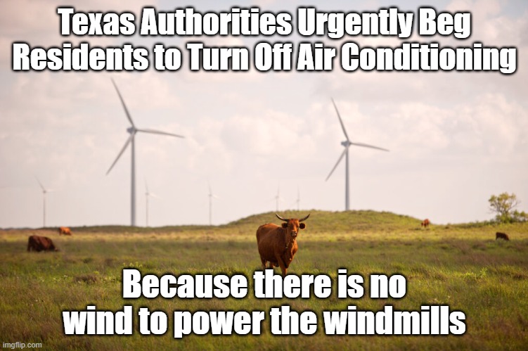 Windmills are a hoax on America | Texas Authorities Urgently Beg Residents to Turn Off Air Conditioning; Because there is no wind to power the windmills | image tagged in windmills | made w/ Imgflip meme maker