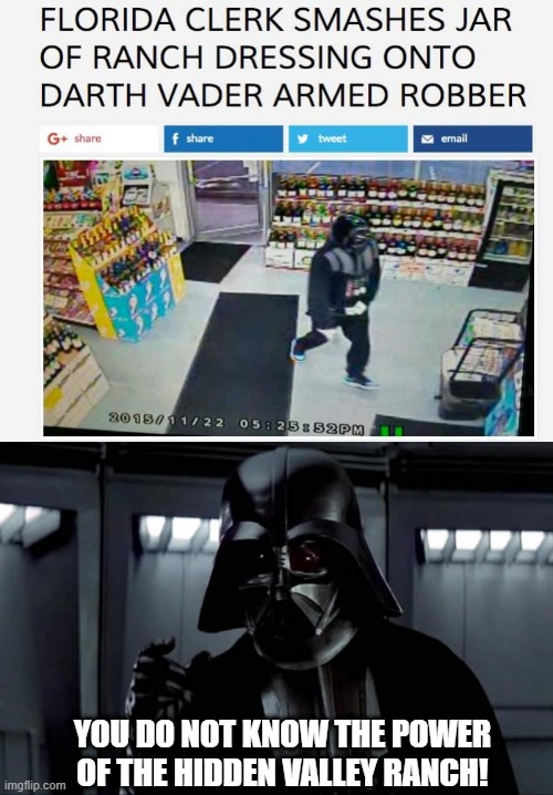 Dark Side | YOU DO NOT KNOW THE POWER OF THE HIDDEN VALLEY RANCH! | image tagged in darth vader | made w/ Imgflip meme maker