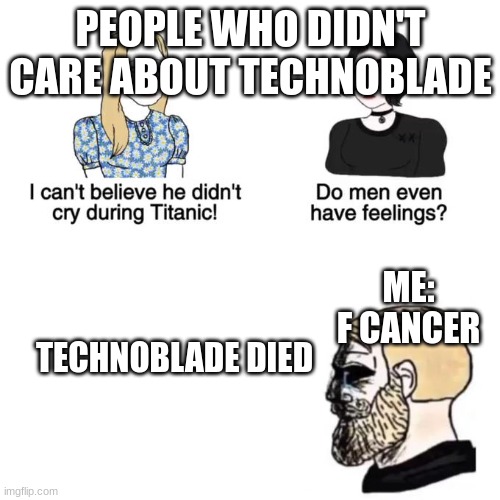 This is an updated meme of one I posted earlier this month | PEOPLE WHO DIDN'T CARE ABOUT TECHNOBLADE; ME: F CANCER; TECHNOBLADE DIED | image tagged in i cant believe he didnt cry | made w/ Imgflip meme maker