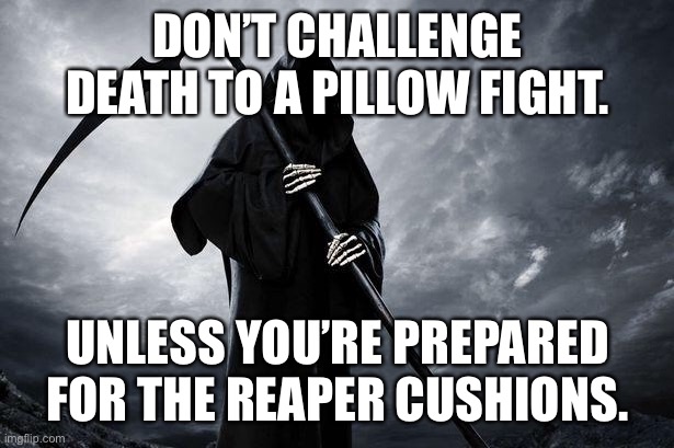 Do not Challenge death | DON’T CHALLENGE DEATH TO A PILLOW FIGHT. UNLESS YOU’RE PREPARED FOR THE REAPER CUSHIONS. | image tagged in death,challenge death,pillow fight,prepared,reaper cushions | made w/ Imgflip meme maker