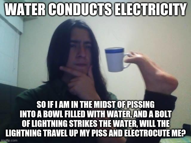 hmmmmm | WATER CONDUCTS ELECTRICITY; SO IF I AM IN THE MIDST OF PISSING INTO A BOWL FILLED WITH WATER, AND A BOLT OF LIGHTNING STRIKES THE WATER, WILL THE LIGHTNING TRAVEL UP MY PISS AND ELECTROCUTE ME? | image tagged in teacup snape | made w/ Imgflip meme maker