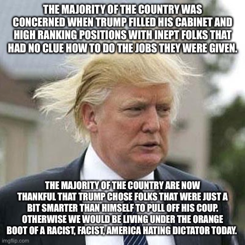 Donald Trump | THE MAJORITY OF THE COUNTRY WAS CONCERNED WHEN TRUMP FILLED HIS CABINET AND HIGH RANKING POSITIONS WITH INEPT FOLKS THAT HAD NO CLUE HOW TO DO THE JOBS THEY WERE GIVEN. THE MAJORITY OF THE COUNTRY ARE NOW THANKFUL THAT TRUMP CHOSE FOLKS THAT WERE JUST A BIT SMARTER THAN HIMSELF TO PULL OFF HIS COUP. OTHERWISE WE WOULD BE LIVING UNDER THE ORANGE BOOT OF A RACIST, FACIST, AMERICA HATING DICTATOR TODAY. | image tagged in donald trump | made w/ Imgflip meme maker