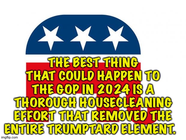 Make the GOP great again. | THE BEST THING THAT COULD HAPPEN TO THE GOP IN 2024 IS A THOROUGH HOUSECLEANING EFFORT THAT REMOVED THE ENTIRE TRUMPTARD ELEMENT. | image tagged in republican | made w/ Imgflip meme maker