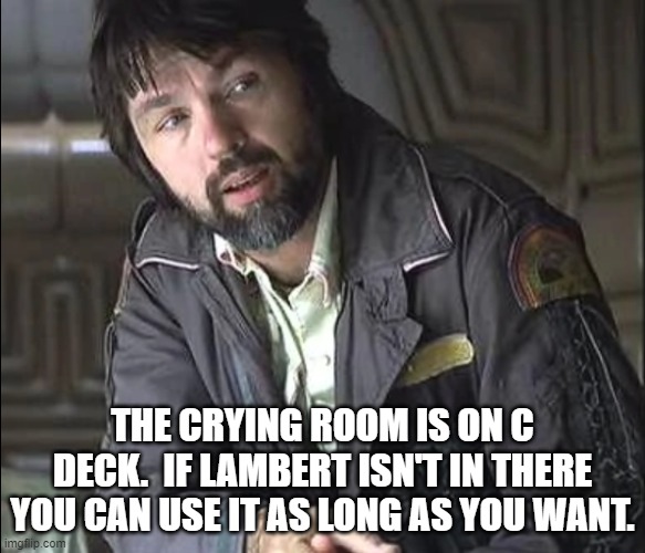 In space no one can hear you cry | THE CRYING ROOM IS ON C DECK.  IF LAMBERT ISN'T IN THERE YOU CAN USE IT AS LONG AS YOU WANT. | image tagged in politics lol | made w/ Imgflip meme maker