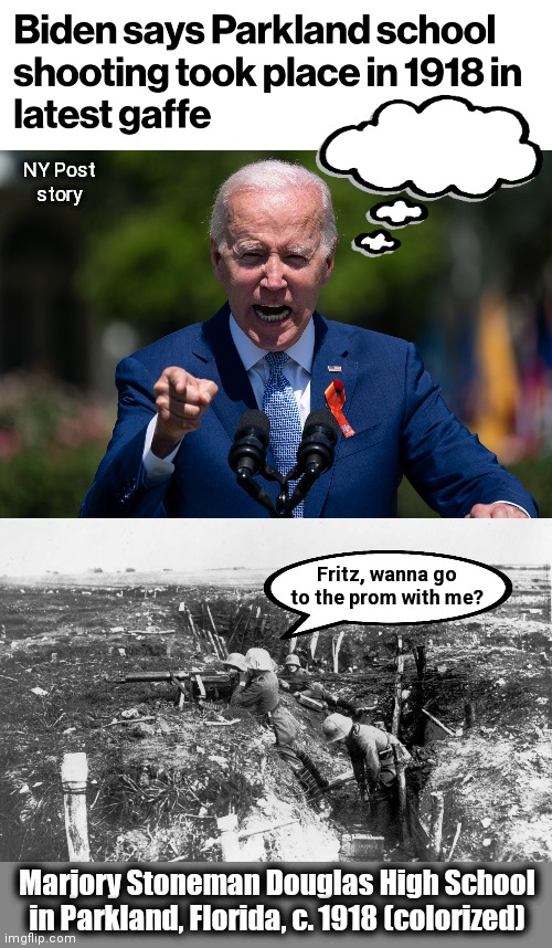 25th amendment time! | NY Post
story; Fritz, wanna go to the prom with me? Marjory Stoneman Douglas High School in Parkland, Florida, c. 1918 (colorized) | image tagged in memes,joe biden,parkland,shooting,democrats,senile creep | made w/ Imgflip meme maker