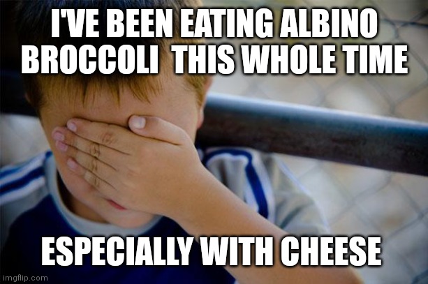 Confession Kid Meme | I'VE BEEN EATING ALBINO BROCCOLI  THIS WHOLE TIME ESPECIALLY WITH CHEESE | image tagged in memes,confession kid | made w/ Imgflip meme maker
