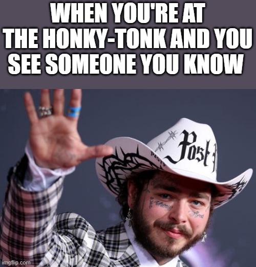 When You See Someone You Know At The Honky-Tonk |  WHEN YOU'RE AT THE HONKY-TONK AND YOU SEE SOMEONE YOU KNOW | image tagged in post malone,honky tonk,bar,waving,funny,memes | made w/ Imgflip meme maker