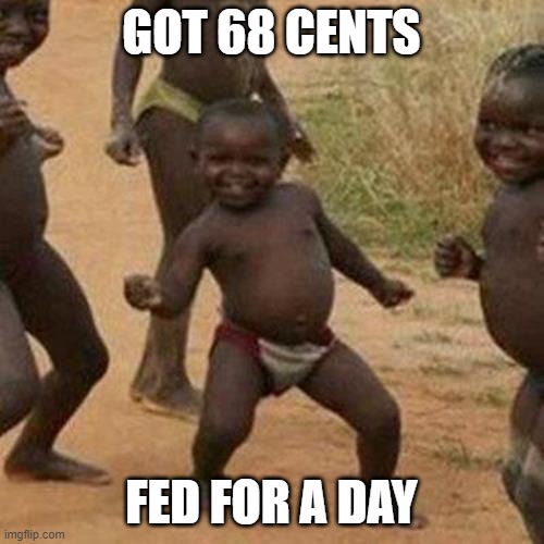 Third World Success Kid Meme | GOT 68 CENTS FED FOR A DAY | image tagged in memes,third world success kid | made w/ Imgflip meme maker
