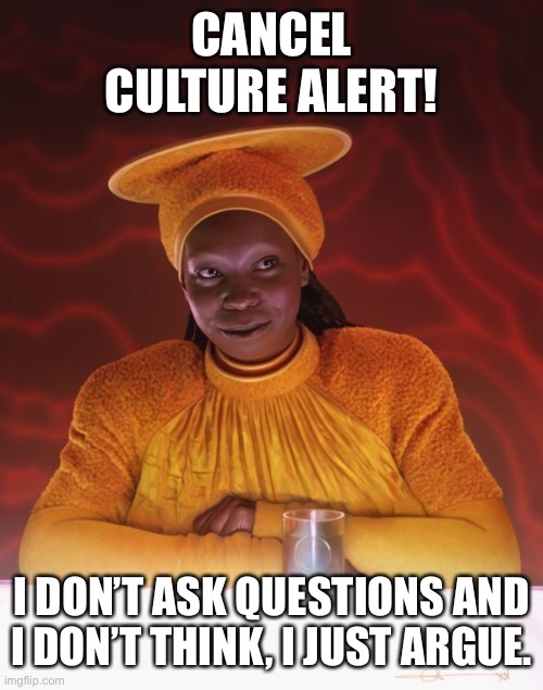 Cancel Whoopie | CANCEL CULTURE ALERT! I DON’T ASK QUESTIONS AND I DON’T THINK, I JUST ARGUE. | image tagged in memes | made w/ Imgflip meme maker