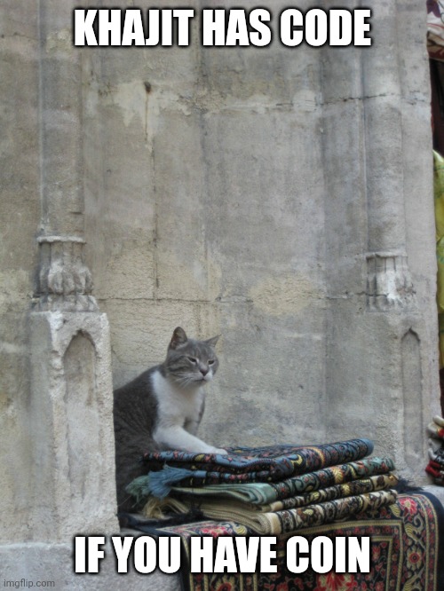 Khajit has wares if you have coin | KHAJIT HAS CODE; IF YOU HAVE COIN | image tagged in khajit has wares if you have coin | made w/ Imgflip meme maker