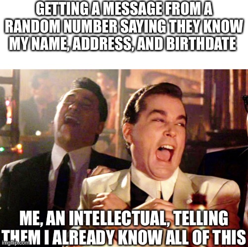 Intellectual genius | GETTING A MESSAGE FROM A RANDOM NUMBER SAYING THEY KNOW MY NAME, ADDRESS, AND BIRTHDATE; ME, AN INTELLECTUAL, TELLING THEM I ALREADY KNOW ALL OF THIS | image tagged in memes,good fellas hilarious | made w/ Imgflip meme maker