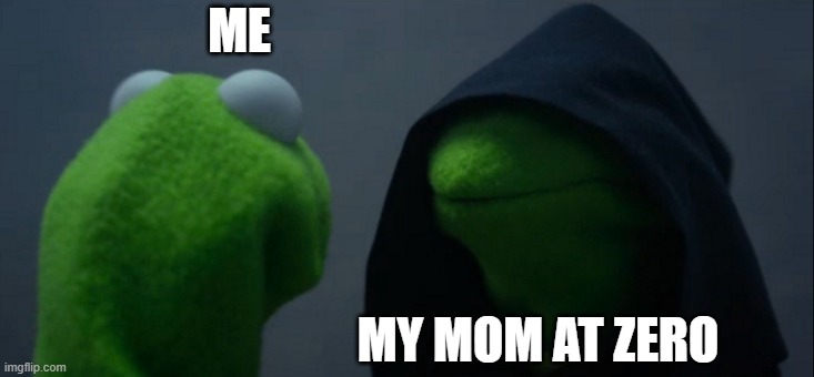 Evil Kermit | ME; MY MOM AT ZERO | image tagged in memes,evil kermit | made w/ Imgflip meme maker