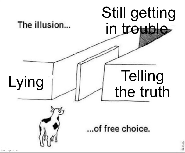 Ork |  Still getting in trouble; Lying; Telling the truth | image tagged in illusion of free choice,memes,childhood,relatable,trouble,barney will eat all of your delectable biscuits | made w/ Imgflip meme maker