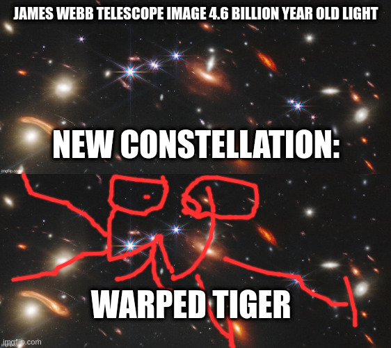 JAMES WEBB TELESCOPE IMAGE 4.6 BILLION YEAR OLD LIGHT; NEW CONSTELLATION:; WARPED TIGER | image tagged in science,joke | made w/ Imgflip meme maker