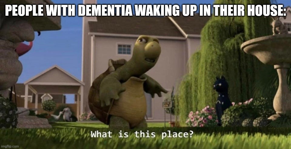 True fact | PEOPLE WITH DEMENTIA WAKING UP IN THEIR HOUSE: | image tagged in what is this place | made w/ Imgflip meme maker