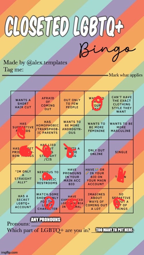 Closeted LGBTQ+ Bingo | ANY PRONOUNS; TOO MANY TO PUT HERE- | image tagged in closeted lgbtq bingo | made w/ Imgflip meme maker