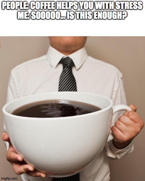 Coffee | PEOPLE: COFFEE HELPS YOU WITH STRESS
ME: SOOOOO... IS THIS ENOUGH? | image tagged in giant coffee | made w/ Imgflip meme maker