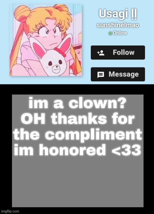clowns are funny | im a clown? OH thanks for the compliment im honored <33 | image tagged in sunny's gayass quiz site temp | made w/ Imgflip meme maker