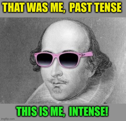 Shakespeare | THAT WAS ME,  PAST TENSE THIS IS ME,  INTENSE! | image tagged in shakespeare | made w/ Imgflip meme maker