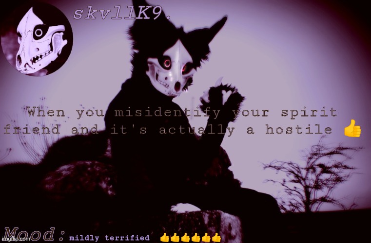 oh yeah i see figures and try to befriend them forgot to tell yall pfft | When you misidentify your spirit friend and it's actually a hostile 👍; mildly terrified  👍👍👍👍👍👍 | image tagged in skvllk9 's cadaver temp | made w/ Imgflip meme maker