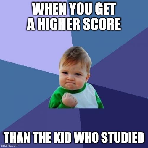 Success Kid | WHEN YOU GET A HIGHER SCORE; THAN THE KID WHO STUDIED | image tagged in memes,success kid | made w/ Imgflip meme maker