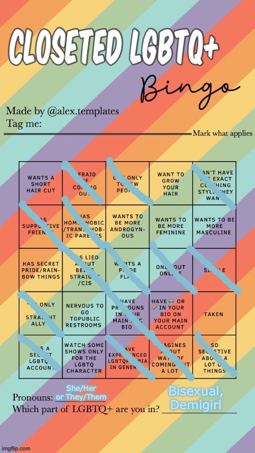 Re-did it- :) | She/Her or They/Them; Bisexual, Demigirl | image tagged in closeted lgbtq bingo | made w/ Imgflip meme maker