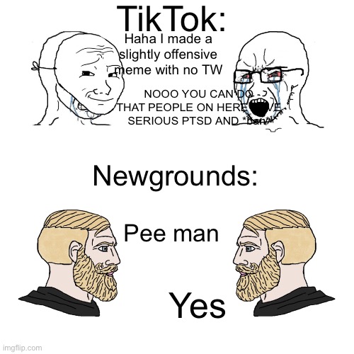 Soyjacks and Chads | TikTok:; Haha I made a slightly offensive meme with no TW; NOOO YOU CAN DO THAT PEOPLE ON HERE HAVE SERIOUS PTSD AND *ban*; Newgrounds:; Pee man; Yes | image tagged in soyjacks and chads,newgrounds,tiktok,moderation system | made w/ Imgflip meme maker