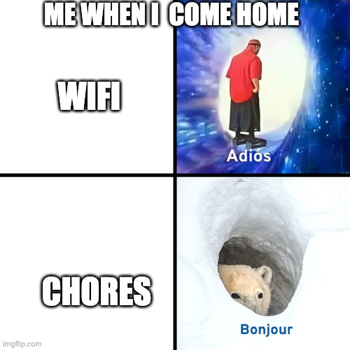 life is against you | ME WHEN I  COME HOME; WIFI; CHORES | image tagged in adios bonjour | made w/ Imgflip meme maker