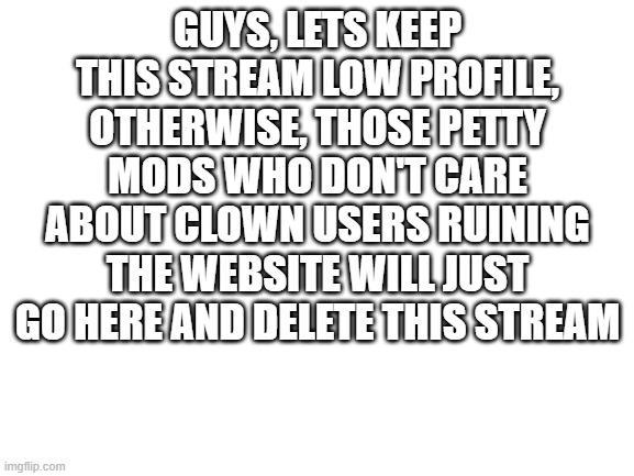 Blank White Template | GUYS, LETS KEEP THIS STREAM LOW PROFILE, OTHERWISE, THOSE PETTY MODS WHO DON'T CARE ABOUT CLOWN USERS RUINING THE WEBSITE WILL JUST GO HERE AND DELETE THIS STREAM | image tagged in blank white template | made w/ Imgflip meme maker