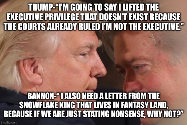 Trump Bannon Close | TRUMP-“I’M GOING TO SAY I LIFTED THE EXECUTIVE PRIVILEGE THAT DOESN’T EXIST BECAUSE THE COURTS ALREADY RULED I’M NOT THE EXECUTIVE.”; BANNON-“ I ALSO NEED A LETTER FROM THE SNOWFLAKE KING THAT LIVES IN FANTASY LAND, BECAUSE IF WE ARE JUST STATING NONSENSE, WHY NOT?” | image tagged in trump bannon close | made w/ Imgflip meme maker