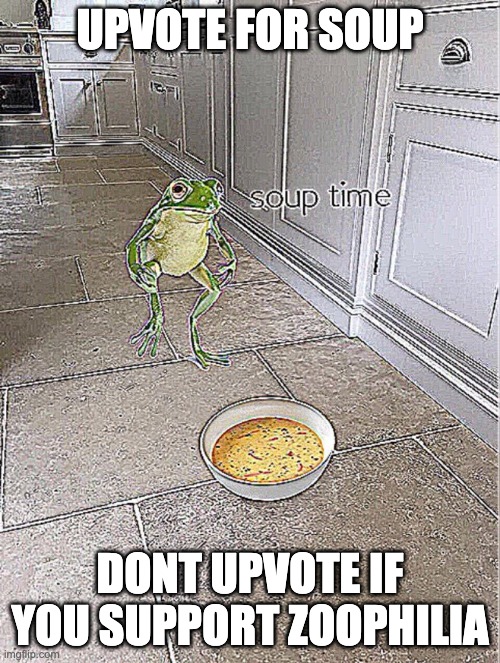 Soup Time | UPVOTE FOR SOUP; DONT UPVOTE IF YOU SUPPORT ZOOPHILIA | image tagged in soup time | made w/ Imgflip meme maker