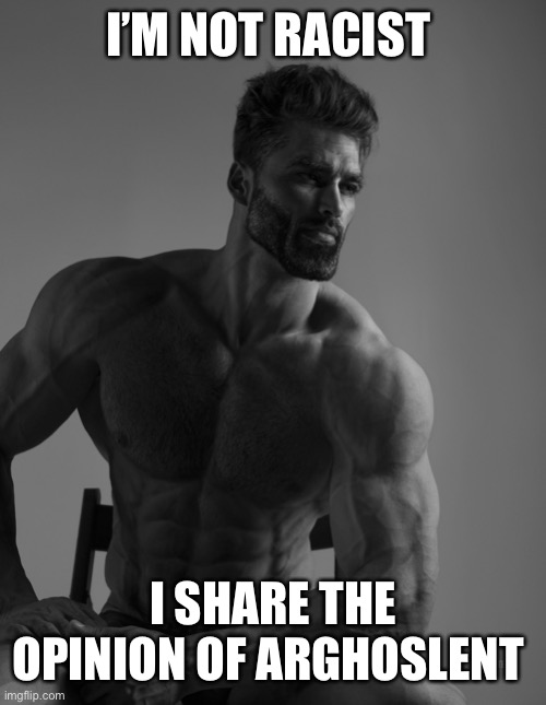 Giga Chad | I’M NOT RACIST; I SHARE THE OPINION OF ARGHOSLENT | image tagged in giga chad | made w/ Imgflip meme maker