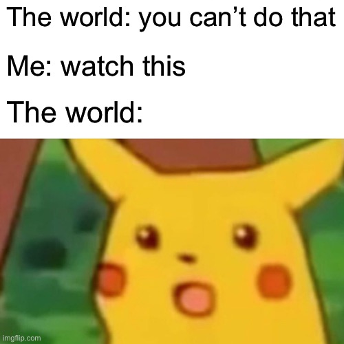 Well | The world: you can’t do that; Me: watch this; The world: | image tagged in memes,surprised pikachu,world,look at me | made w/ Imgflip meme maker
