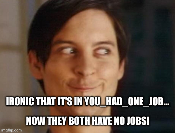 Spiderman Peter Parker Meme | IRONIC THAT IT'S IN YOU_HAD_ONE_JOB...
 
NOW THEY BOTH HAVE NO JOBS! | image tagged in memes,spiderman peter parker | made w/ Imgflip meme maker