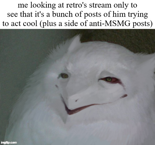 kill me | me looking at retro's stream only to see that it's a bunch of posts of him trying to act cool (plus a side of anti-MSMG posts) | image tagged in a literal egg | made w/ Imgflip meme maker