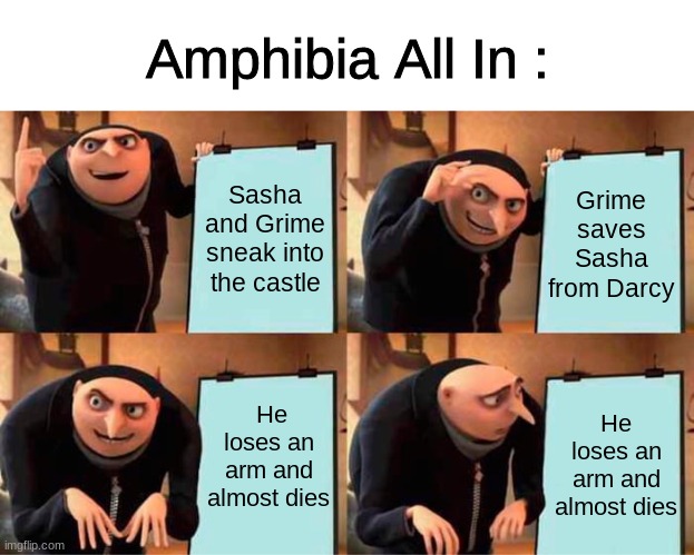 Gru's Plan Meme | Amphibia All In :; Sasha and Grime sneak into the castle; Grime saves Sasha from Darcy; He loses an arm and almost dies; He loses an arm and almost dies | image tagged in memes,gru's plan | made w/ Imgflip meme maker