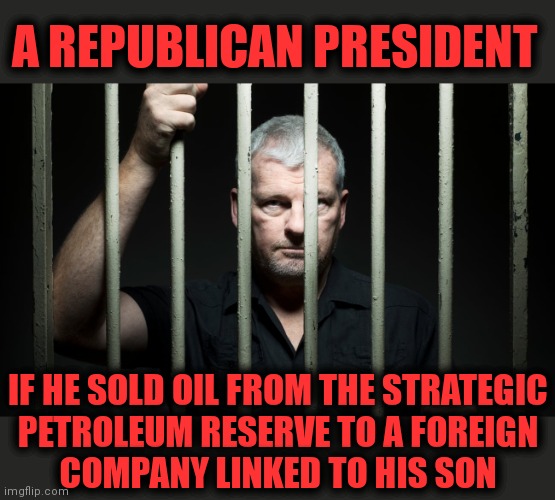 Member of a democrat crime family?  You get a free pass! | A REPUBLICAN PRESIDENT; IF HE SOLD OIL FROM THE STRATEGIC
PETROLEUM RESERVE TO A FOREIGN
COMPANY LINKED TO HIS SON | image tagged in memes,democrats,oil,strategic petroleum reserve,biden crime family,corruption | made w/ Imgflip meme maker