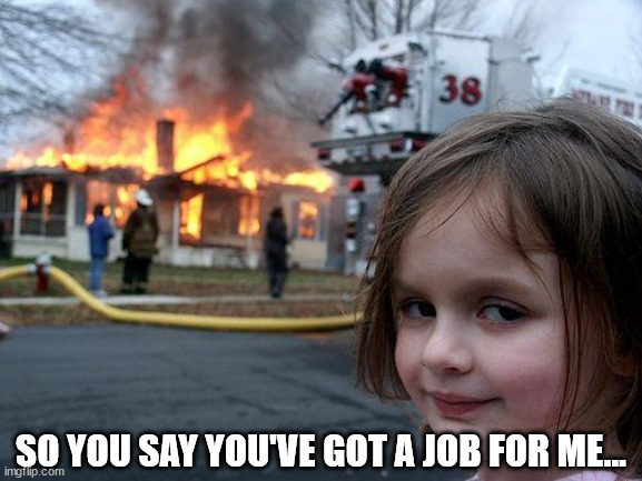 Disaster Girl Meme | SO YOU SAY YOU'VE GOT A JOB FOR ME... | image tagged in memes,disaster girl | made w/ Imgflip meme maker
