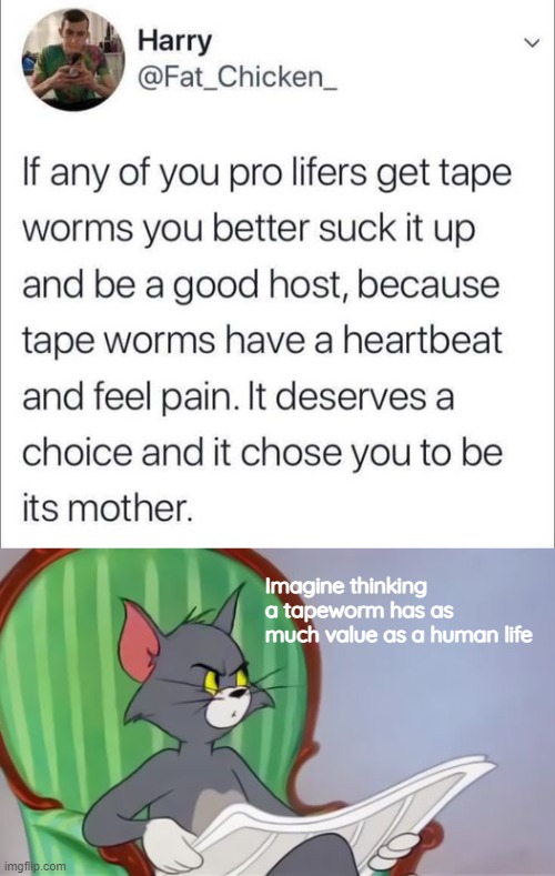 Why can't the left stop comparing babies to parasites? | Imagine thinking a tapeworm has as much value as a human life | image tagged in abortion,roe v wade,tom cat reading a newspaper | made w/ Imgflip meme maker
