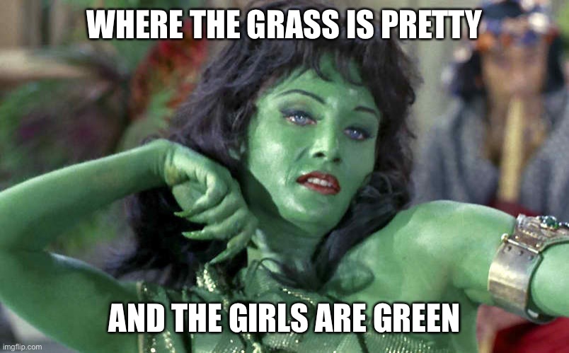 Take me down to the paradise city where | WHERE THE GRASS IS PRETTY; AND THE GIRLS ARE GREEN | image tagged in susan oliver the original star trek green girl,memes | made w/ Imgflip meme maker
