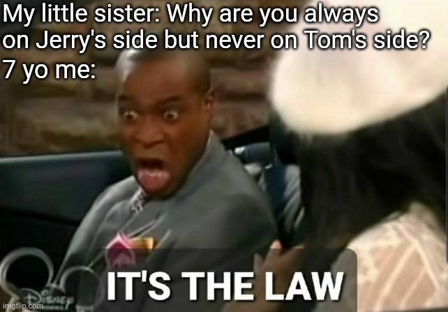 Tom and Jerry |  My little sister: Why are you always on Jerry's side but never on Tom's side? 7 yo me: | image tagged in it's the law,tom and jerry,memes,funny | made w/ Imgflip meme maker