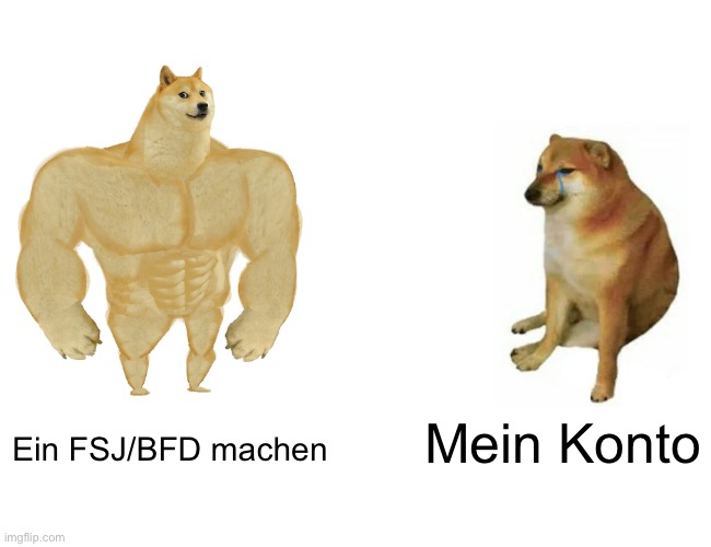 Bfd | Mein Konto; Ein FSJ/BFD machen | image tagged in memes,buff doge vs cheems | made w/ Imgflip meme maker