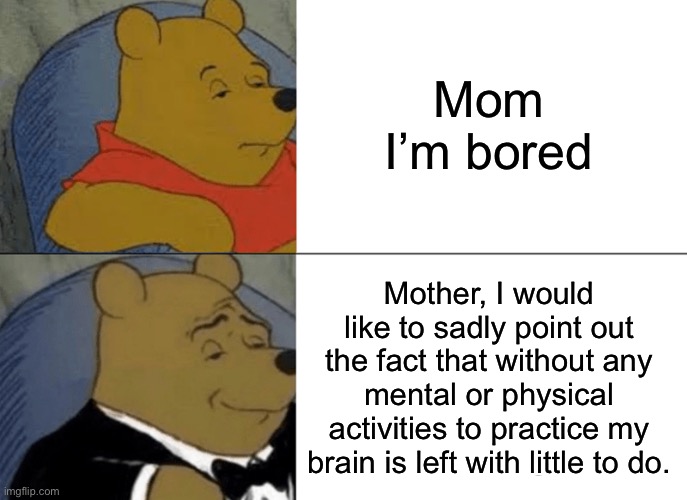 Borrrrred | Mom I’m bored; Mother, I would like to sadly point out the fact that without any mental or physical activities to practice my brain is left with little to do. | image tagged in memes,tuxedo winnie the pooh | made w/ Imgflip meme maker