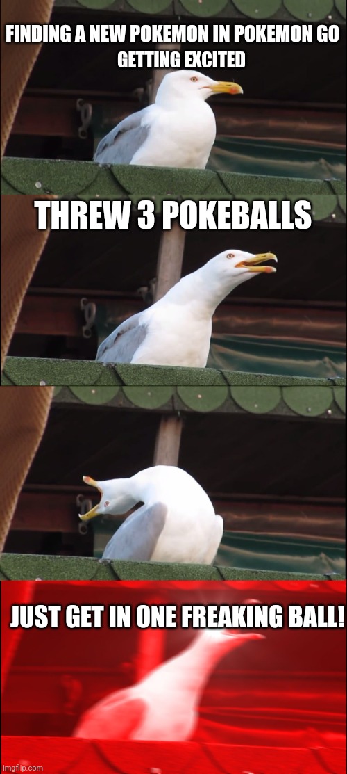 Inhaling Seagull Meme | FINDING A NEW POKEMON IN POKEMON GO; GETTING EXCITED; THREW 3 POKEBALLS; JUST GET IN ONE FREAKING BALL! | image tagged in memes,inhaling seagull | made w/ Imgflip meme maker